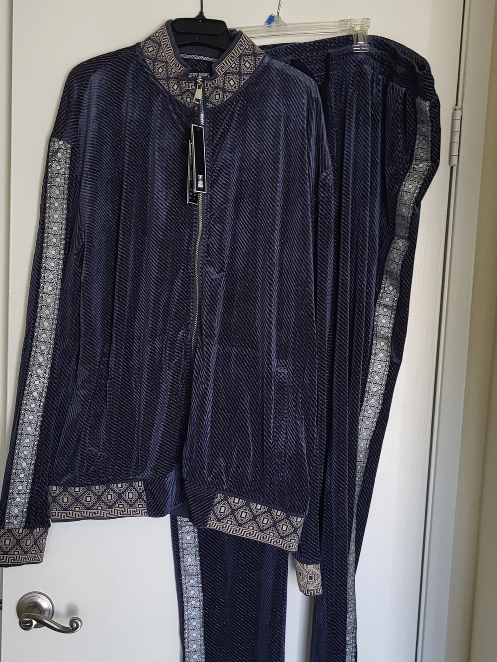 Stacy Adams Navy Velvet Two-Piece Track Set Patterned Trim Mens 5XL